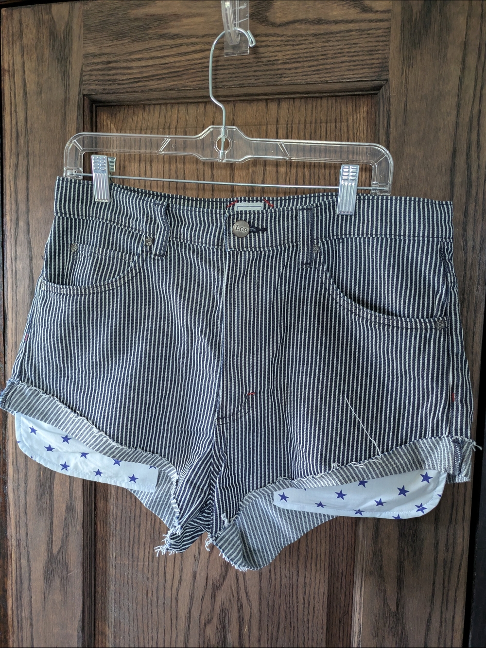 Kacey Lee High-Rise Striped Jean Shorts in Navy and White